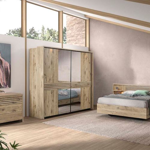 Chambre Complète Lit 180x200cm + Tête De Lit Avec Chevet Et LEDs + Commode + Armoire Aspect Bois Et