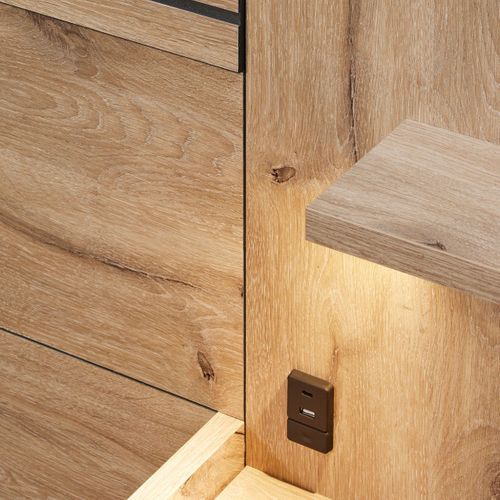 Chambre Complète Lit 180x200cm + Tête De Lit Avec Chevet Et LEDs + Commode + Armoire Aspect Bois Et