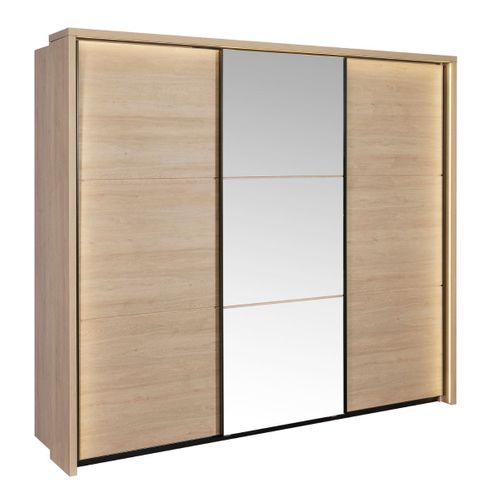 Chambre Complète Lit 160x200cm Avec éclairage LED + 2 Chevets + Commode + Armoire Aspect Bois Et No