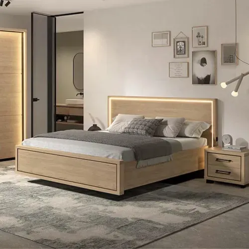 Chambre Complète Lit 160x200cm Avec éclairage LED + 2 Chevets + Commode + Armoire Aspect Bois Et No