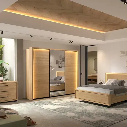Chambre Complète Lit 160x200cm Avec éclairage LED + 2 Chevets + Commode + Armoire Aspect Bois Et No