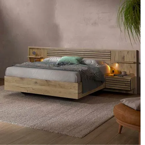 Lit 140x190cm Avec Tête De Lit Chevets Suspendus Et éclairage Intégré Aspect Bois Et Noir - Nikita