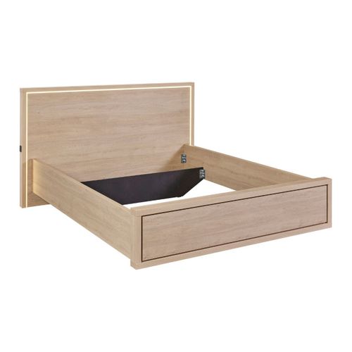 Ensemble Lit 140x190cm Avec éclairage LED + 2 Chevets Aspect Bois Et Noir - Ludy