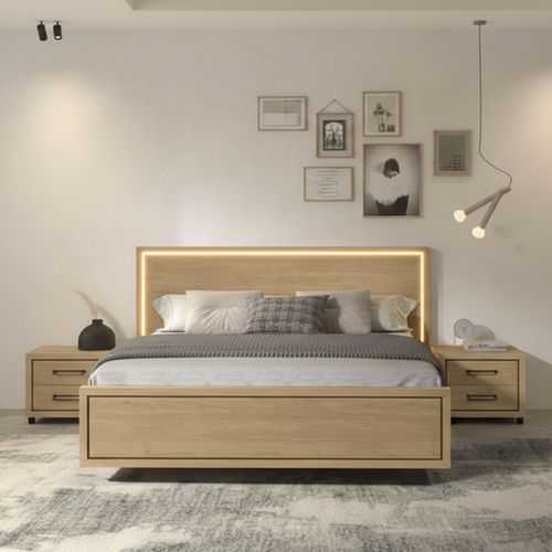 Ensemble Lit 140x190cm Avec éclairage LED + 2 Chevets Aspect Bois Et Noir - Ludy