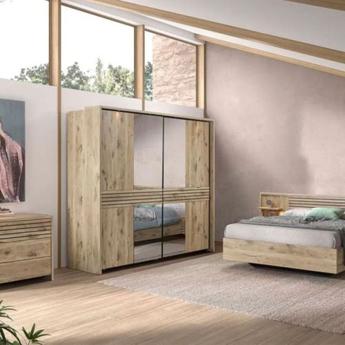 Chambre Complète Lit 140x190cm + Tête De Lit Avec Chevet Et LEDs + Commode + Armoire Aspect Bois Et