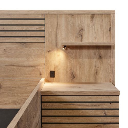 Chambre Complète Lit 140x190cm + Tête De Lit Avec Chevet Et LEDs + Commode + Armoire Aspect Bois Et