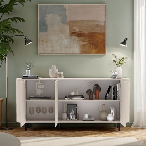 Buffet 3 Portes Finition Laqué Beige Design Coins Arrondis Pieds Métal Noir - Lyna