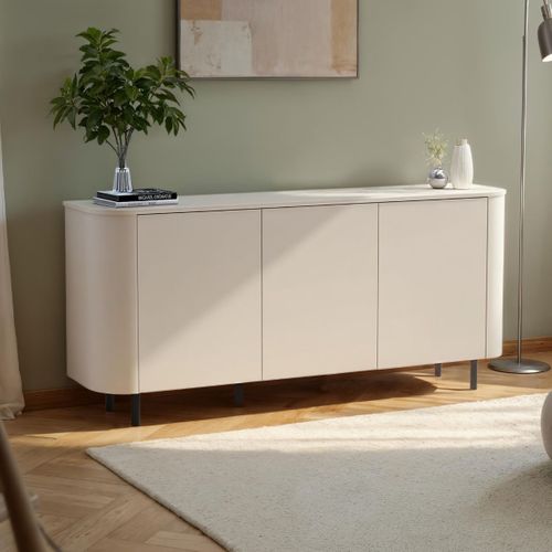 Buffet 3 Portes Finition Laqué Beige Design Coins Arrondis Pieds Métal Noir - Lyna