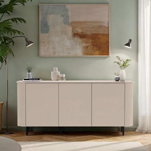 Buffet 3 Portes Finition Laqué Beige Design Coins Arrondis Pieds Métal Noir - Lyna