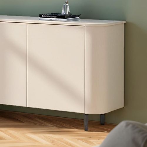 Buffet 3 Portes Finition Laqué Beige Design Coins Arrondis Pieds Métal Noir - Lyna