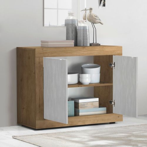 Buffet 2 Portes Aspect Bois Finition Cadiz Façades Blanc Texturées - Otello