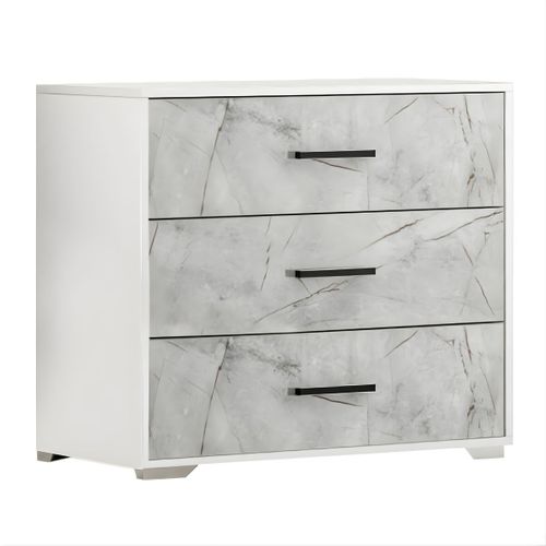 Ensemble Lit 140x190cm + 2 Chevets + Commode Blanc Et Imitation Marbre - Genesis