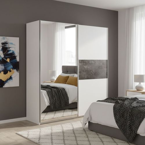 Armoire 2 Portes Coulissantes Blanc Laqué Avec Décor Gris Oxyde Et 1 Porte Miroir - Mariane