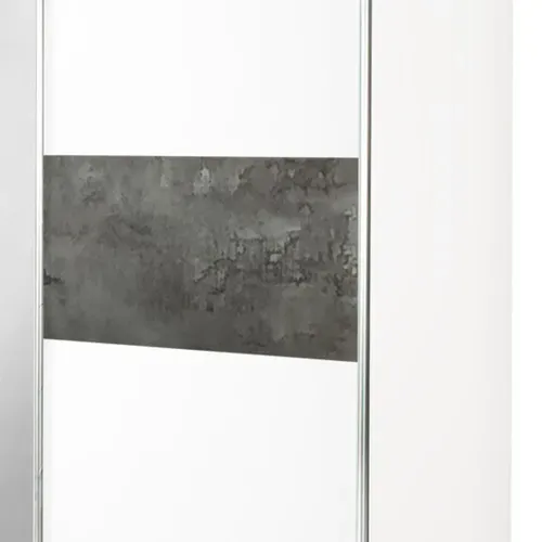 Armoire 2 Portes Coulissantes Blanc Laqué Avec Décor Gris Oxyde Et 1 Porte Miroir - Mariane