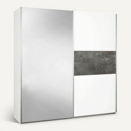 Armoire 2 Portes Coulissantes Blanc Laqué Avec Décor Gris Oxyde Et 1 Porte Miroir - Mariane