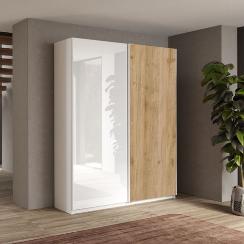 Armoire 2 Portes Coulissantes 180x210 Cm 1 Porte Blanc Laquée Et 1 Porte Aspect Bois Finition Cadiz