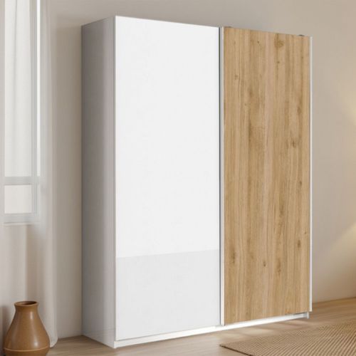 Armoire 2 Portes Coulissantes 180x210 Cm 1 Porte Blanc Laquée Et 1 Porte Aspect Bois Finition Cadiz