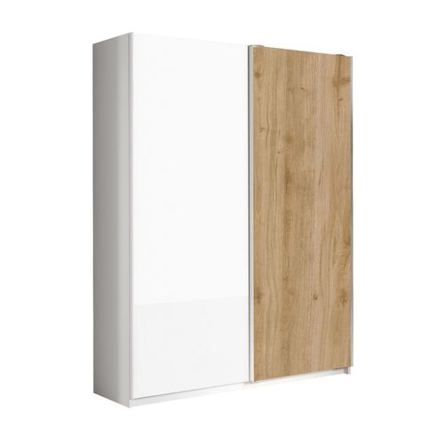 Armoire 2 Portes Coulissantes 180x210 Cm 1 Porte Blanc Laquée Et 1 Porte Aspect Bois Finition Cadiz