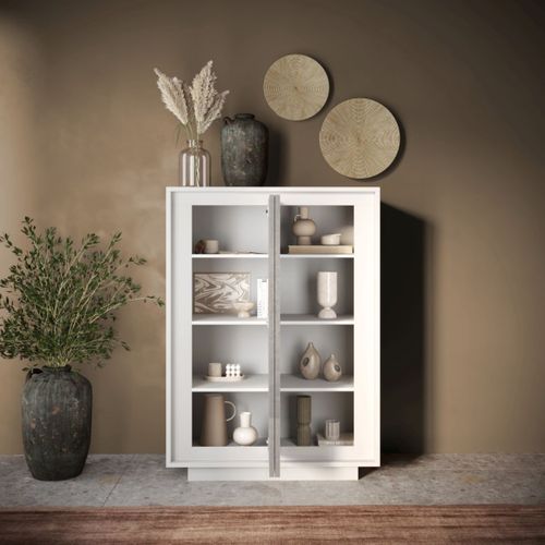 Buffet 2 Portes Blanc Laqué et Façades Aspect Ciment 106x40x171 cm