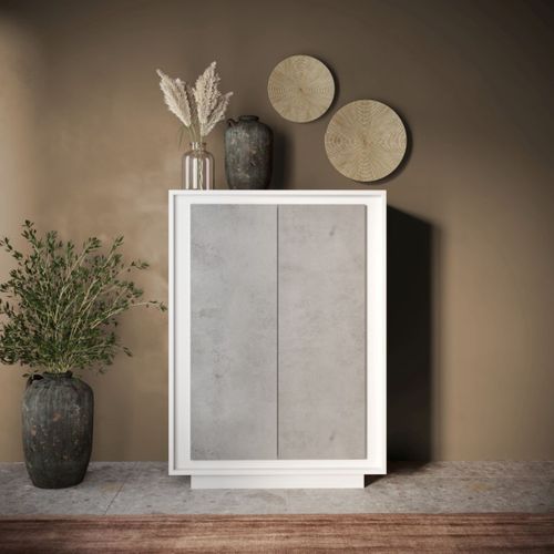 Buffet 2 Portes Blanc Laqué et Façades Aspect Ciment 106x40x171 cm