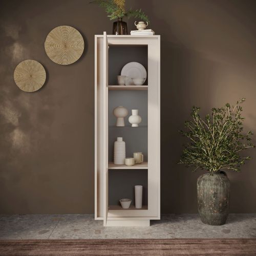 Vitrine 1 Porte Beige Poudré Et Verre Piètement Socle - Azonto