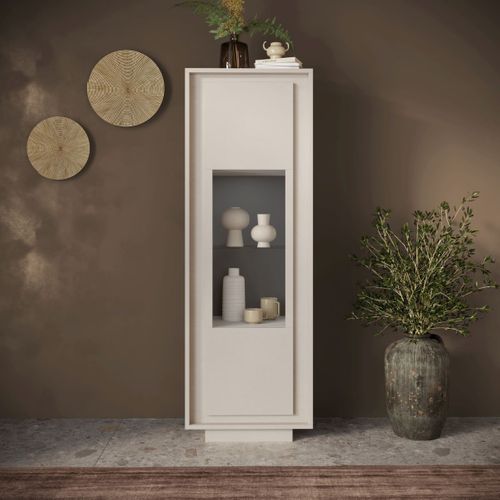 Vitrine 1 Porte Beige Poudré Et Verre Piètement Socle - Azonto