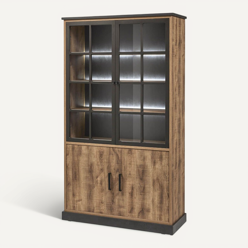 Jenna - Vitrine 4 Portes Aspect Bois Et Métal Poudré Noir