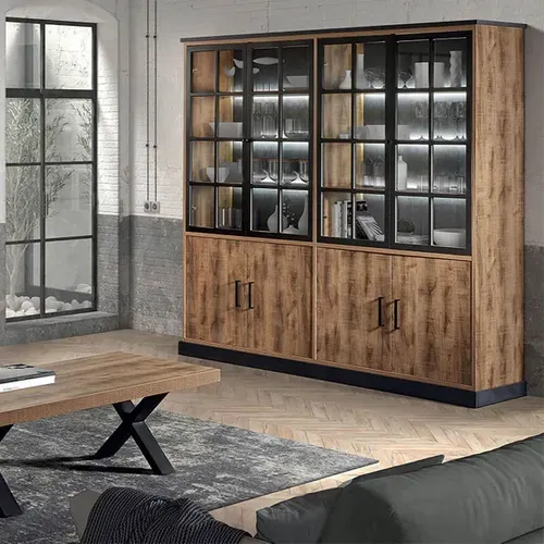 Bibliothèque 8 Portes Aspect Bois Et Métal Noir - Jenna