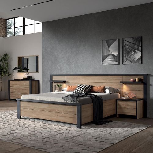Chambre 160x200cm + Tête De Lit Avec LEDs + Chevets + Commode - Siwa