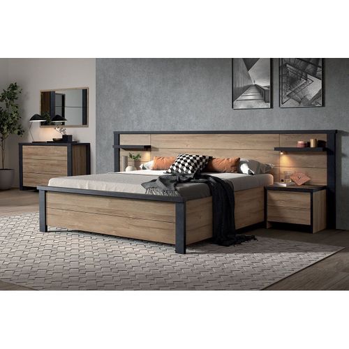 Chambre 160x200cm + Tête De Lit Avec LEDs + Chevets + Commode - Siwa