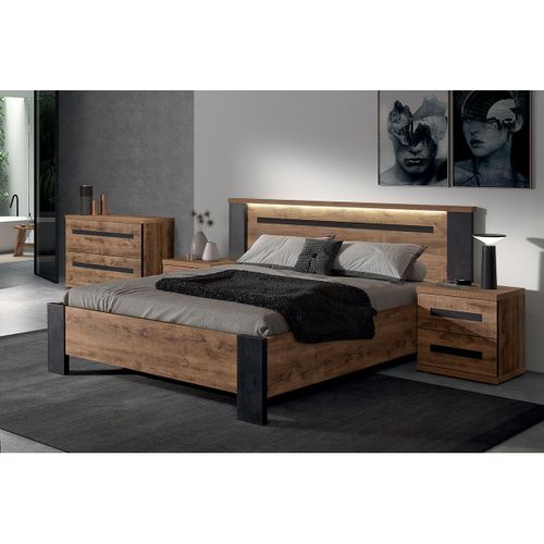 Chambre 140x200cm + Chevets + Commode Effet Bois - Candas