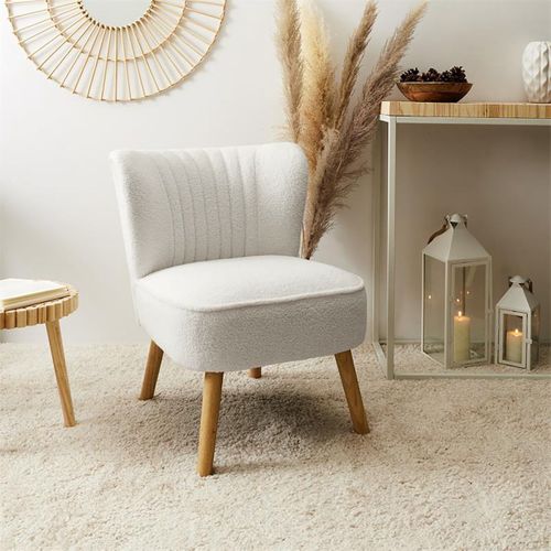 Kelios - Fauteuil En Tissu Bouclettes Blanc Pieds Bois Naturel