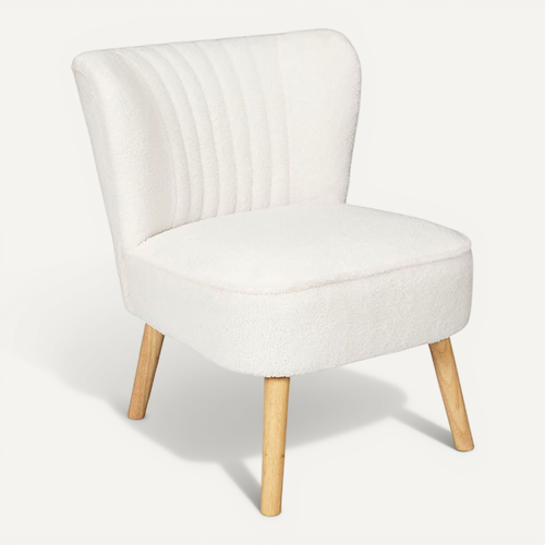 Kelios - Fauteuil En Tissu Bouclettes Blanc Pieds Bois Naturel