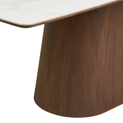 Table Repas 200cm Plateau En Céramique Aspect Marbre Pied Placage Frêne Teinté - Nelly