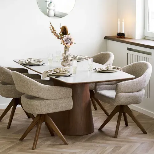 Table Repas 200cm Plateau En Céramique Aspect Marbre Pied Placage Frêne Teinté - Nelly
