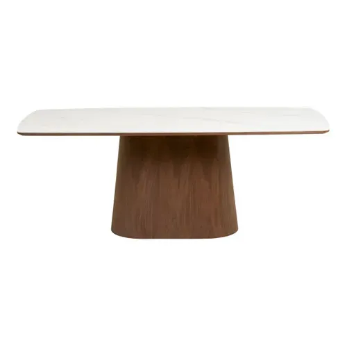 Table Repas 200cm Plateau En Céramique Aspect Marbre Pied Placage Frêne Teinté - Nelly