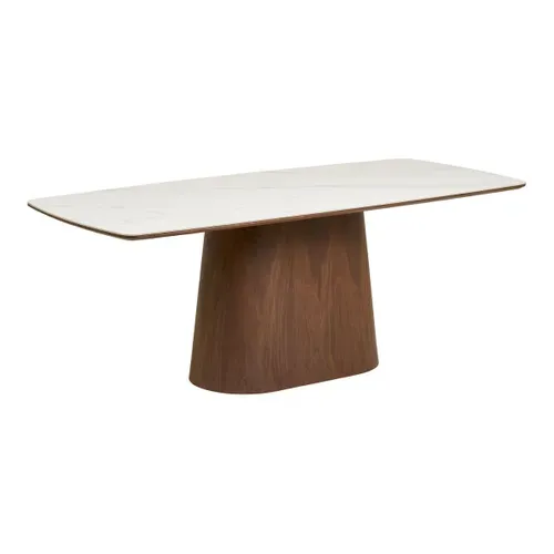 Table Repas 200cm Plateau En Céramique Aspect Marbre Pied Placage Frêne Teinté - Nelly