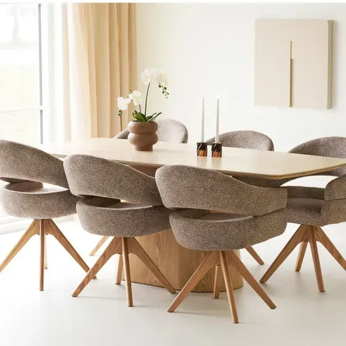 Table Repas 200cm Plateau En Céramique Aspect Travertin Pied Placage Frêne Naturel - Lykke