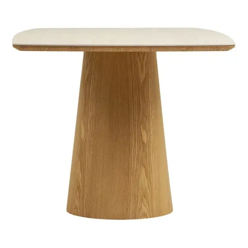 Table Repas 200cm Plateau En Céramique Aspect Travertin Pied Placage Frêne Naturel - Lykke