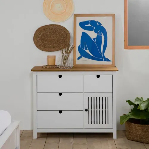 Commode 4 Tiroirs 1 Porte Bois Ciré Et Blanc - Malia