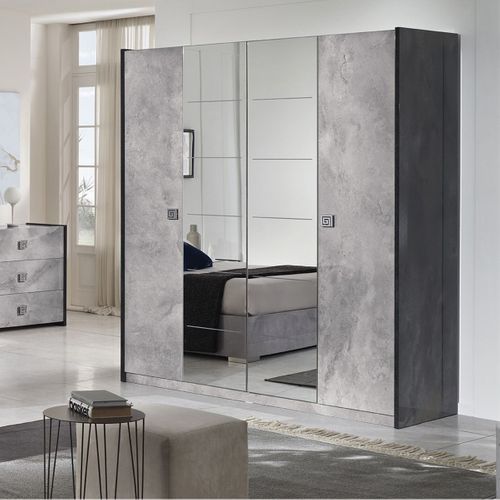 Armoire 4 Portes Avec Miroir Gris Effet Pierre - Hyde