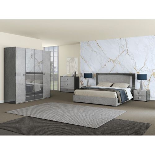 Armoire 4 Portes Avec Miroir Gris Effet Pierre - Hyde