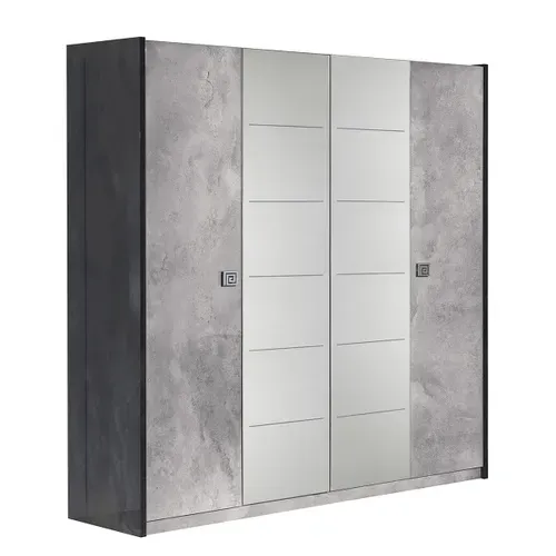 Armoire 4 Portes Avec Miroir Gris Effet Pierre - Hyde