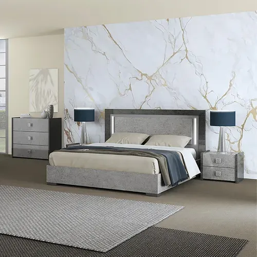 Chambre 160x200cm Gris Effet Pierre Avec LEDs - Hyde