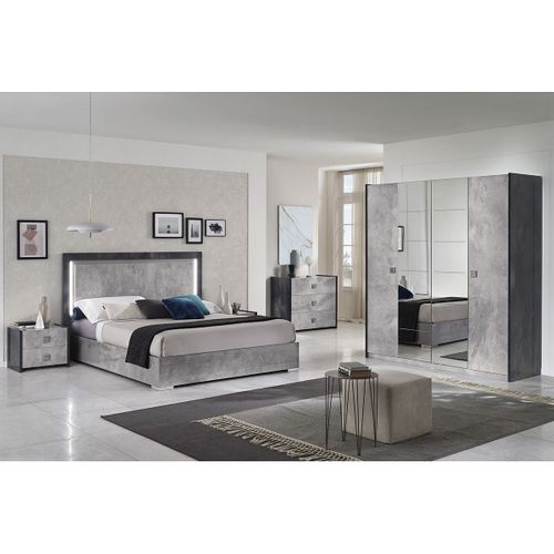 Hyde - Chambre Complète 140x190cm Gris Effet Pierre Avec LEDs