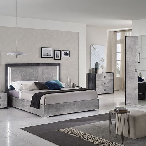 Chambre Complète 160x200cm Gris Effet Pierre Avec LEDs - Hyde
