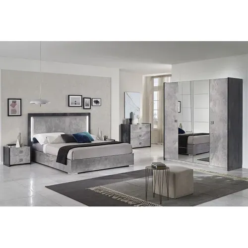 Chambre Complète 160x200cm Gris Effet Pierre Avec LEDs - Hyde