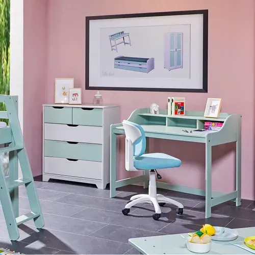 Glasca - Bureau En Pin Vert D'eau Avec Compartiments
