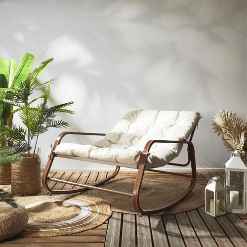 Fauteuil à Bascule Effet Bois Avec Coussin Capitonné - Vidia