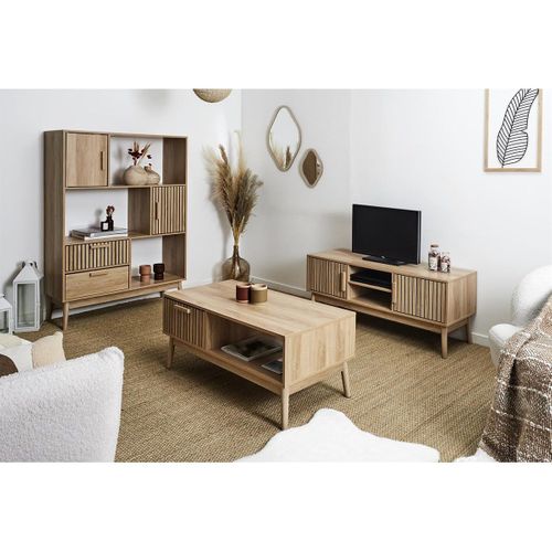 AltoBuy PAJAN - Buffet 2 Portes Effet Bois Avec Tasseaux - Style Japandi, 100 X 35 X H80 Cm